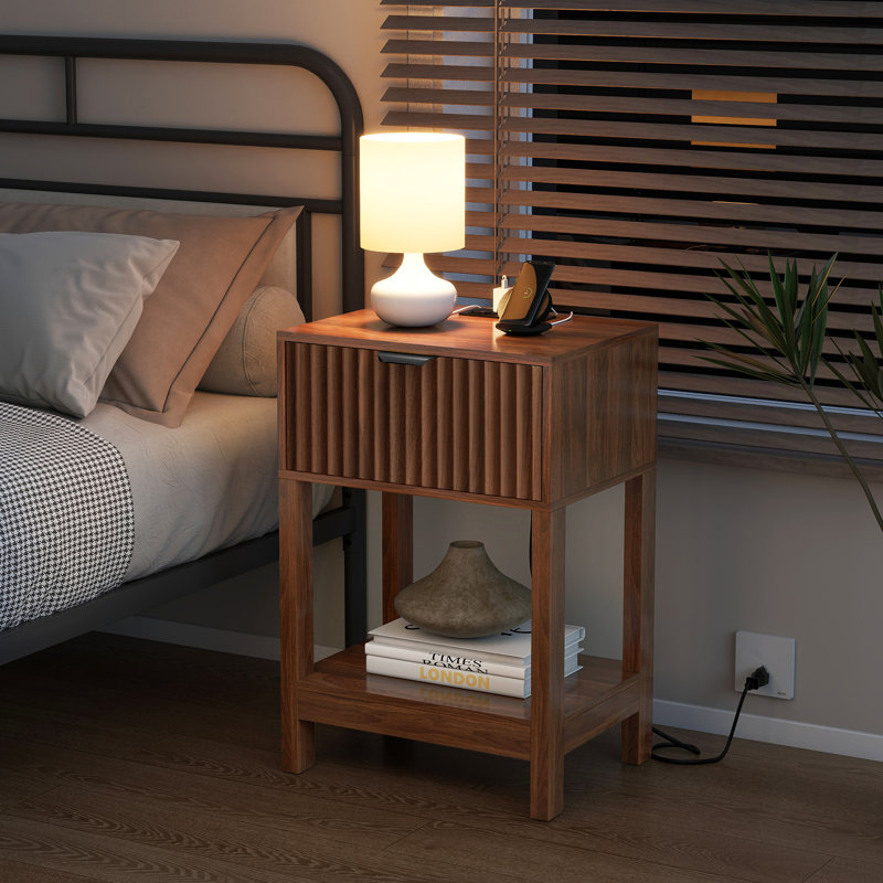 Black NightStand Set of 2 with Charging Station, Wood Bed Side Table Set with Drawer & Open Shelf for Bedroom, Black