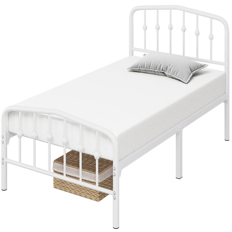 White Twin Metal Platform Bed with Victorian Headboard and Footboard