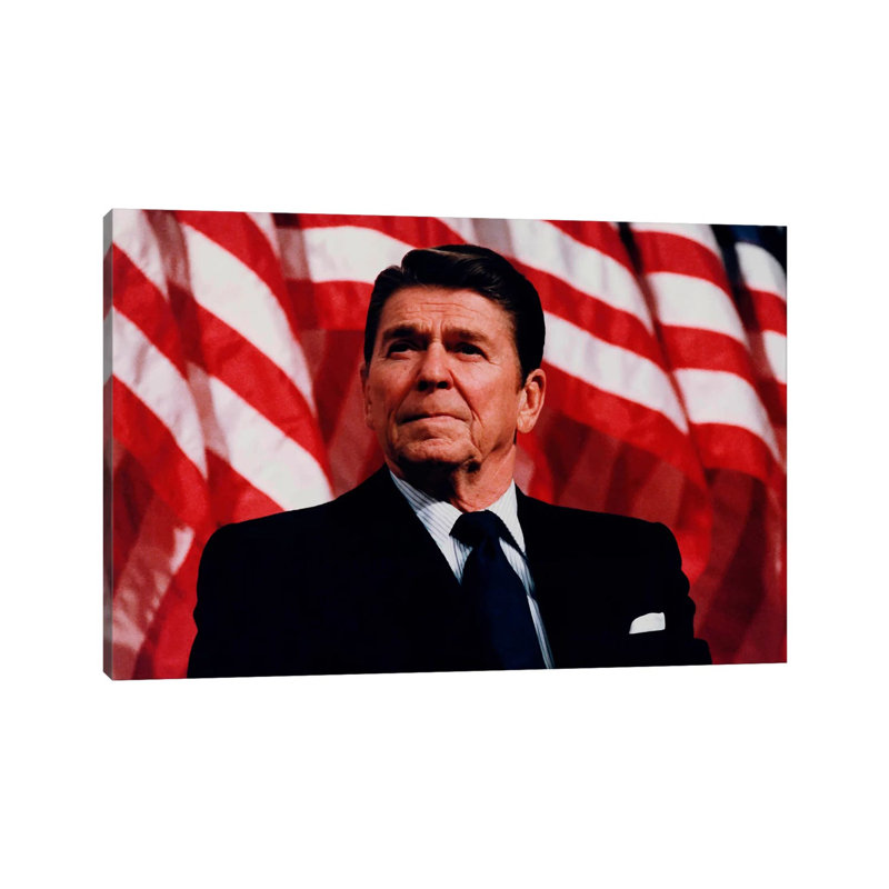 Photo Of President Ronald Reagan In Front Of American Flag by Stocktrek Images - Wrapped Canvas Print