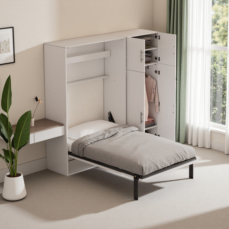 Lit escamotable avec casiers et armoires escamotables, blanc, Simple