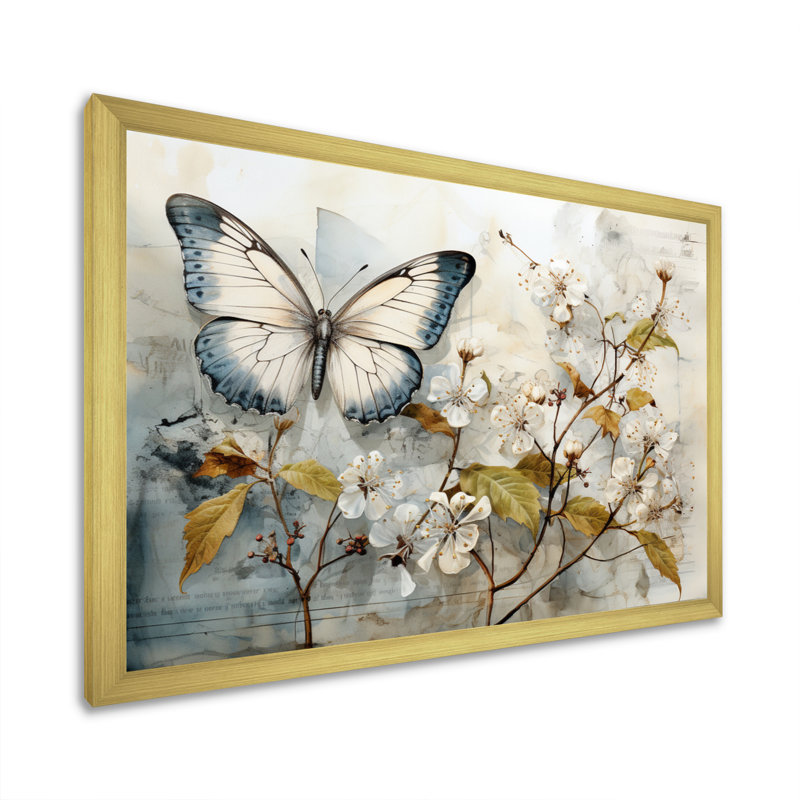 Papillon beige Bibby Glimpse Of Serendipity - décoration murale papillon, Cadre doré simple, H 34 po x l 44 po x P 1,5 po