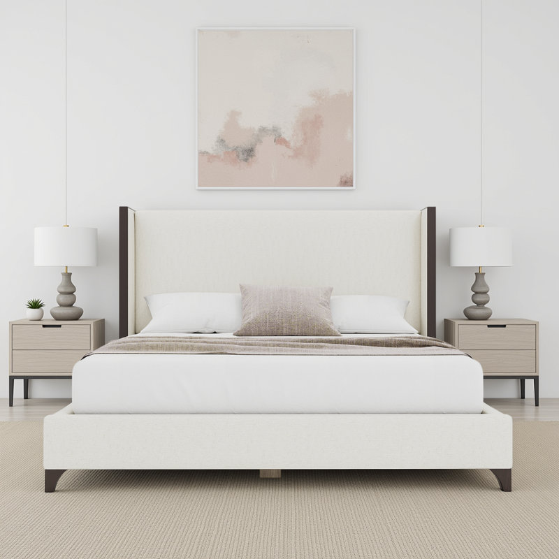 Megan Upholstered Wood Wing Plain, Off White, Queen