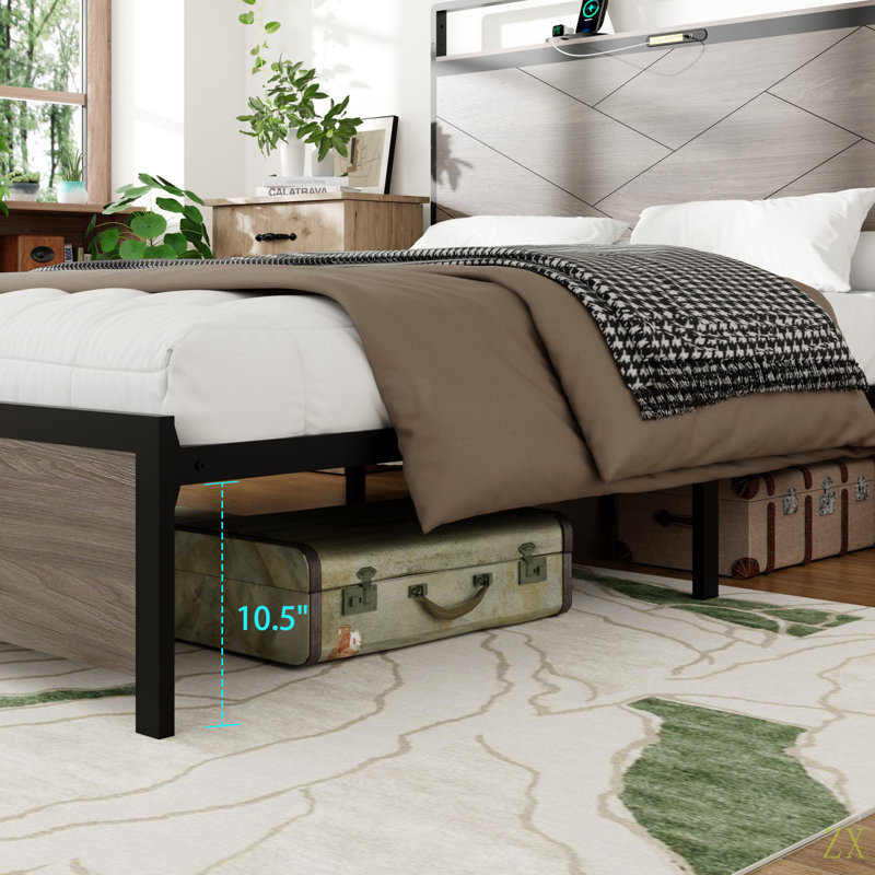Structure de lit double, structure de lit plateforme en bois avec tête de lit à DEL avec rangement et 2 ports USB, sans bruit, sans matelas à ressorts requis et outils d'assemblage simples