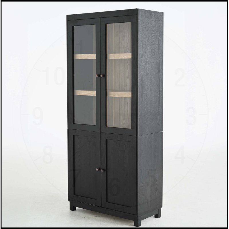 Vitrine en bois de frêne de 74,5 po avec tablettes réglables et portes en verre, bibliothèque moderne de style Mid-Century pour les couloirs, le salon, la cuisine et le bureau - noir