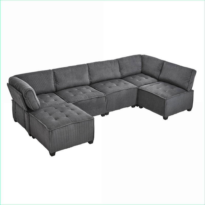Sectional Sofas | 6-Seat U-Shaped Modern Modular Couch, Reversible Chaise for Living Room | Dark Gray | Corduroy