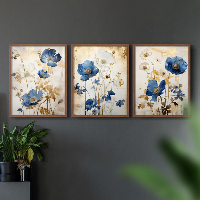 Étude florale, série XIX, ensemble de 3 estampes numériques, prêt à accrocher, Noyer, H 20 po x l 48 po