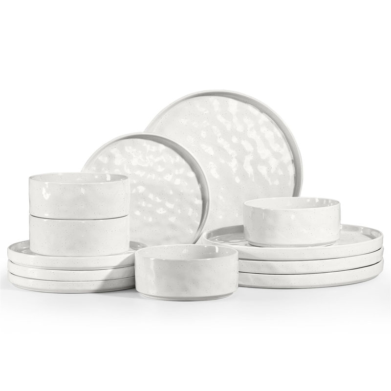 12 Piece Dinner Sets, Reactive Glaze Plates And Bowls Set For 4 People, Elegant Dinnerware Stoneware Scratch Resistant, Pearl White