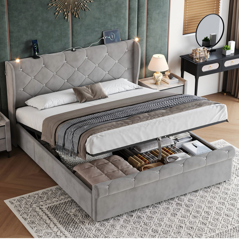Upholstered Ottoman Storage Bed, Grey