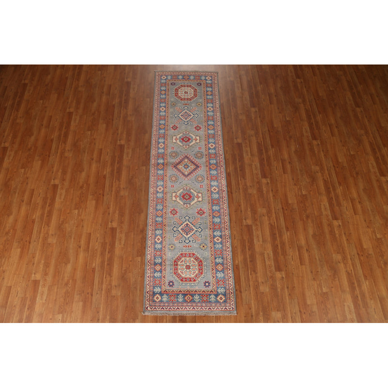 Tapis de couloir unique en laine noué à la main 2 pi 8 po x 9 pi 9 po nouvel âge bleu / rouge / gris