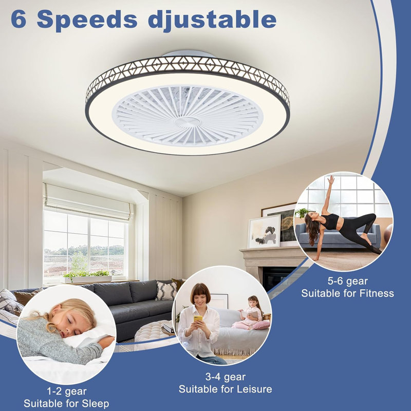 Modern Ceiling Fan with Light with Remote Control, 6 Speeds Reversible 3000K-6500K Dimmable & Timing, Flush Mount Ceiling Fan for Bedroom, Living Room (Black)