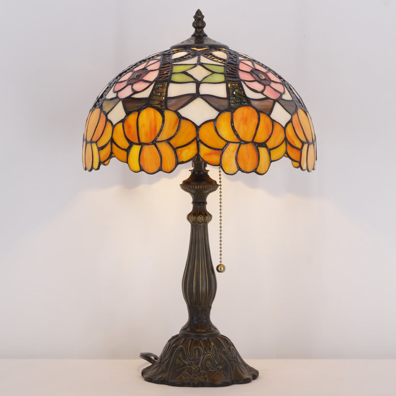 Tiffany Lamp Stained Glass Orange Flower Style Table Lamp Desk Reading Light 12X12X19 Inches with Resin Base Decor Bedroom Living Room