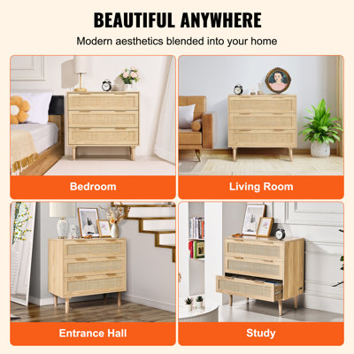 Commode en rotin à 3 tiroirs, commode-penderie en rotin naturel avec 3 tiroirs, commode moderne en bois pour vêtements et rangement, style bohème, avec poignées et pieds robustes, idéale pour le salon et l'entrée.