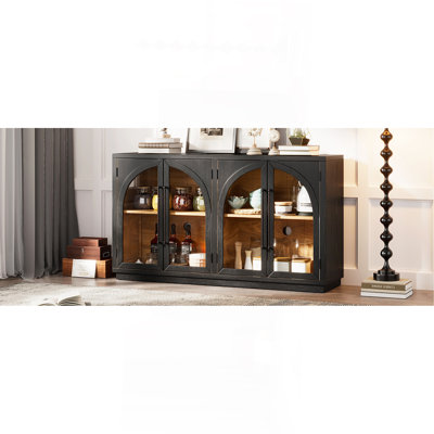 Grande armoire-buffet à 4 portes avec portes vitrées, armoire arquée avec tablettes réglables pour la cuisine, la salle à manger et le salon (noir)