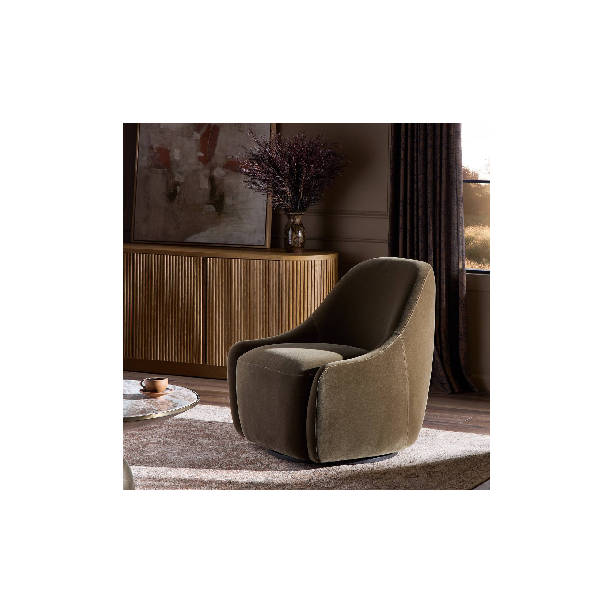 Fiera Upholstered Swivel Barrel Chair, Surrey Olive