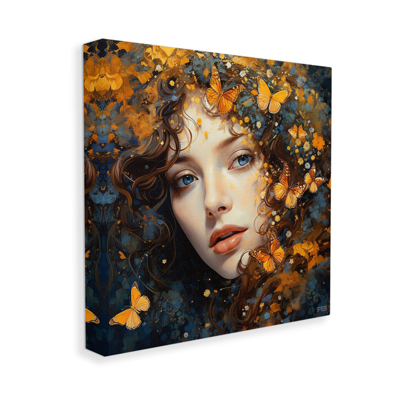 Femme avec des papillons monarques, art mural par Rb, H 36 po x l 36 po