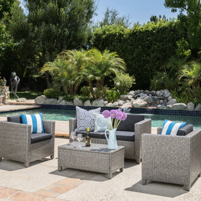 Modern 4pc Outdoor Living With , Iron Frame And Fabric All-weather Backyard Furniture: , Chairs, Table Cushions
