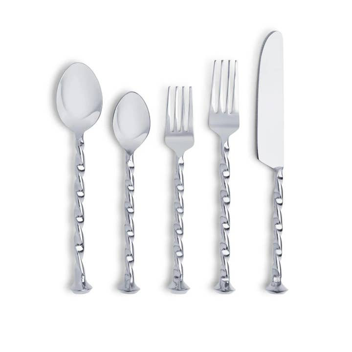 5 Pc Flatware Set with Wooden Handles, Silver