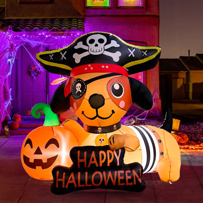 4.5 FT Halloween Inflatable Pirate Dachshund Dog with Pumpkin & “Happy Halloween” Sign