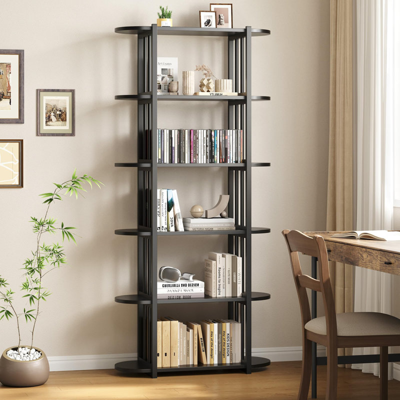 6 Tier Industrial Bookshelf, 71 Inch Tall Narrow Bookcase with Iron Frames, Compact Open Display Shelving Unit, Black