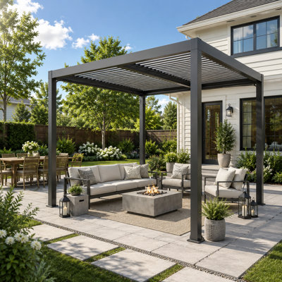 Pergola à persiennes d'extérieur de 10 x 10 pi avec toit réglable, pavillon de patio tout en acier résistant à la rouille, abat-jour à toit rigide résistant au vent et à la pluie