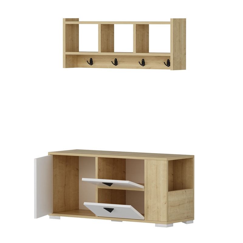 Portemanteau avec banc et rangement pour chaussures, Blanc/chêne
