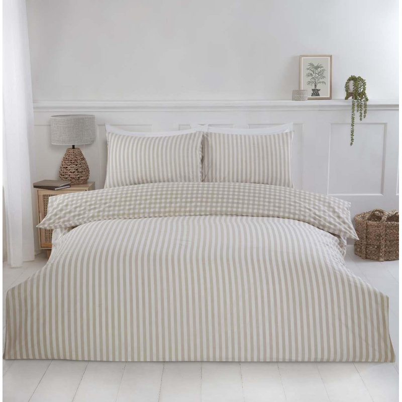 Gingham Cotton Blend Striped Duvet Cover Set with Pillowcases, Beige, Single Duvet Cover Set + 1 Pillowcase