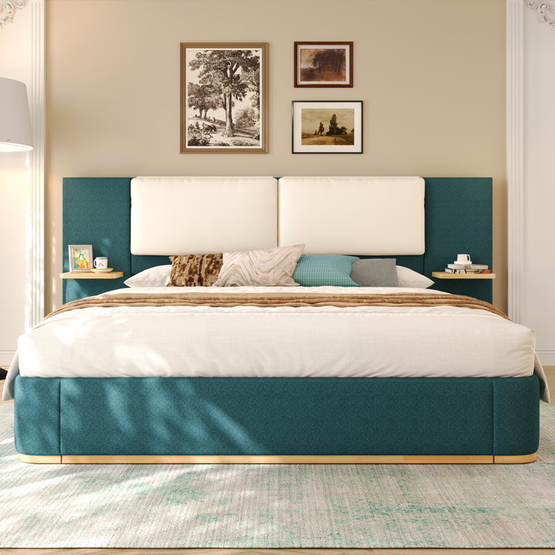 Lit plateforme grand avec panneaux latéraux, coins arrondis aux orteils, lit luxueux enveloppé de tissu, coussins en cuir souple pour plus de confort, assemblage facile sans sommier tapissier, intégré