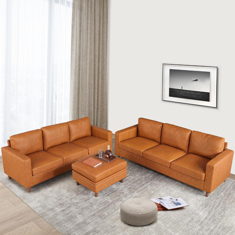Ebern Designs 85" Mid Century Modern 3 Seater Sofa, Leather Couch with ...