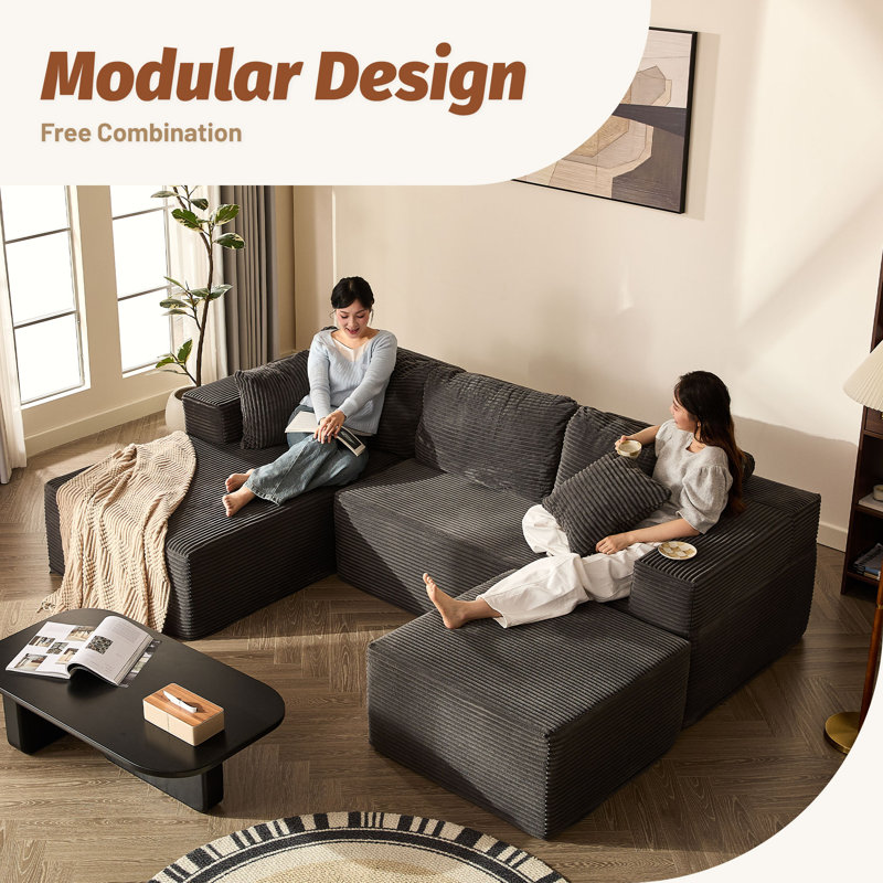 Corduroy Sofa, Grey, 272cm U-Shaped Left Chaise