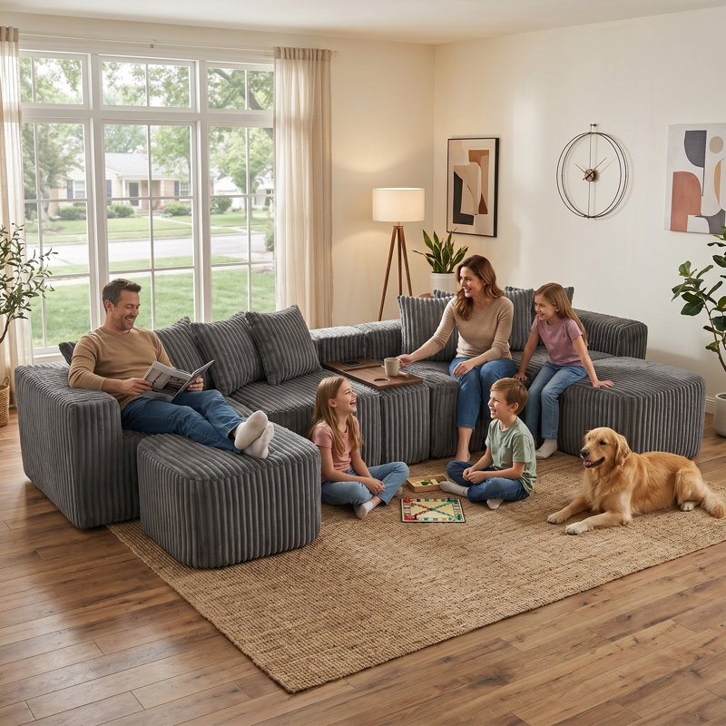 137.5-Inch U-Shaped Corduroy Sectional Sofa with USB and Wireless Charging, Movable Footstool and Coffee Table Board with Cup Holder, Grey, 6-Seat