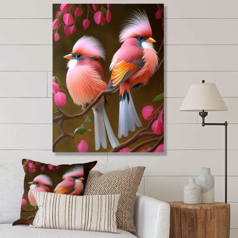 Cardinal rose sur une branche I, H 44 po x l 34 po x P 1,5 po, Toile tendue