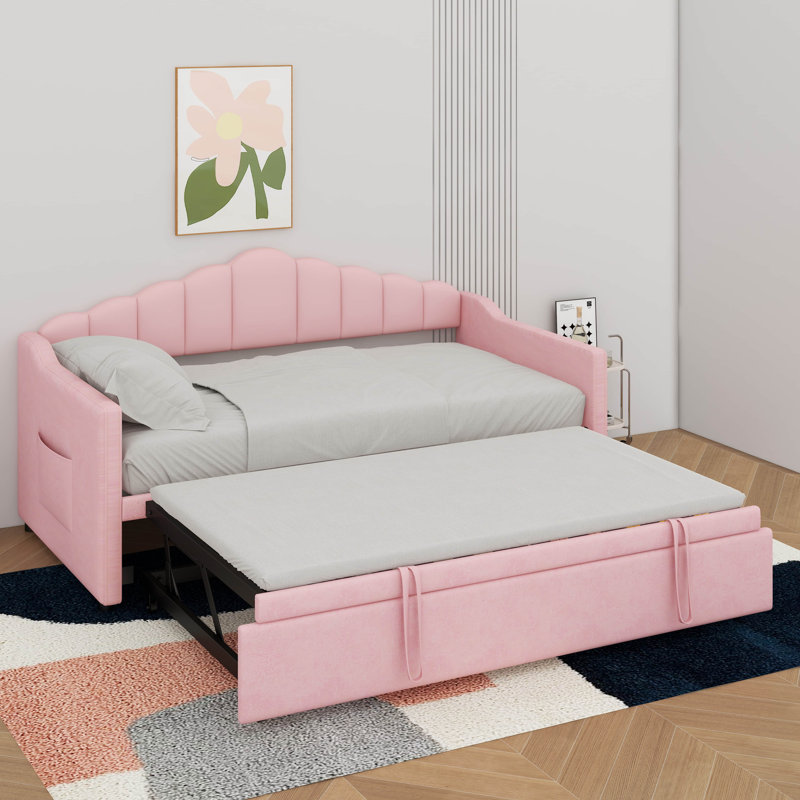 Lit de jour rembourré simple avec couchette escamotable réglable en hauteur et port de charge USB et Type-C, Rose