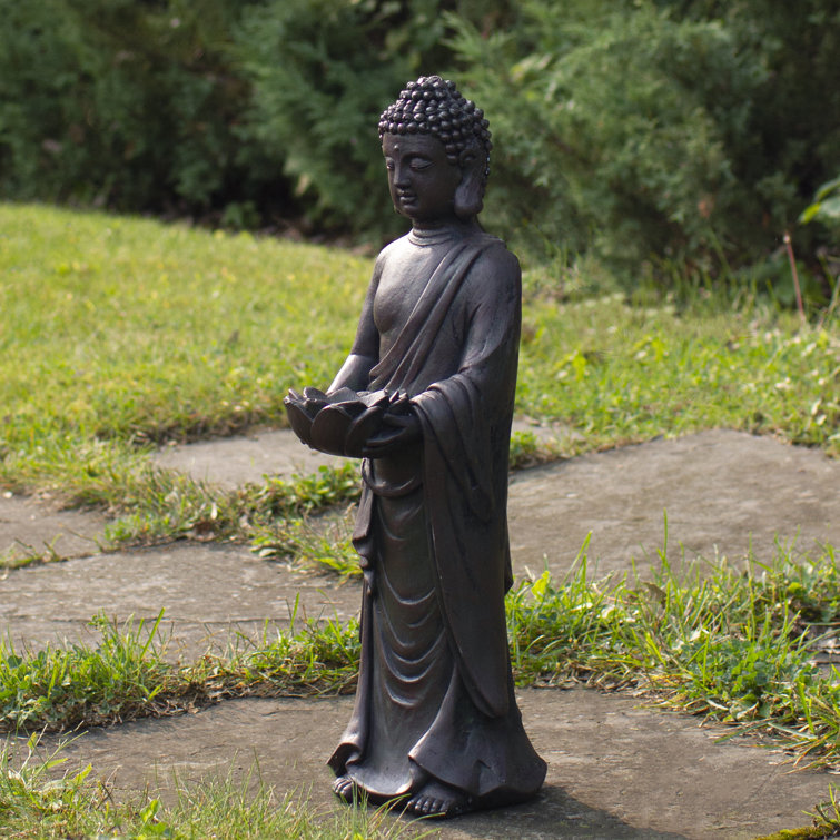 19.5" Gray Standing Buddha with Lotus Outdoor Garden Statue