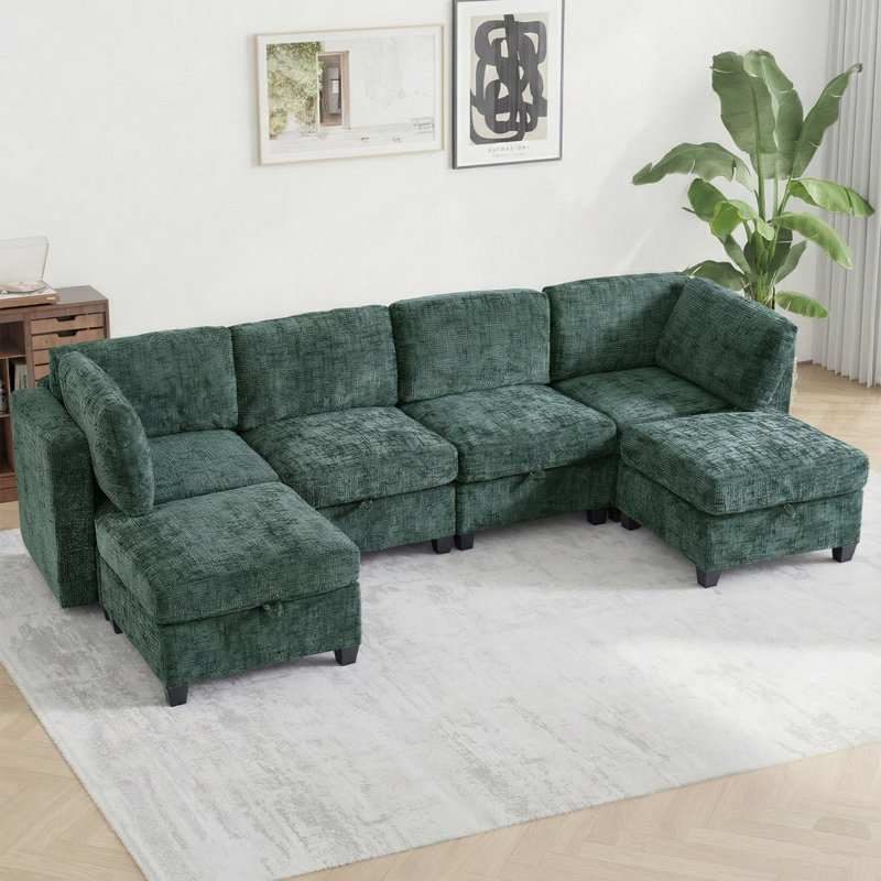 128" Oversized Modular Sectional Sofa with Storage & Removable Covers, Convertible U-Shape, L-Shape & Sleeper Configuration, Modern 6-Seater Couch with Movable Ottoman