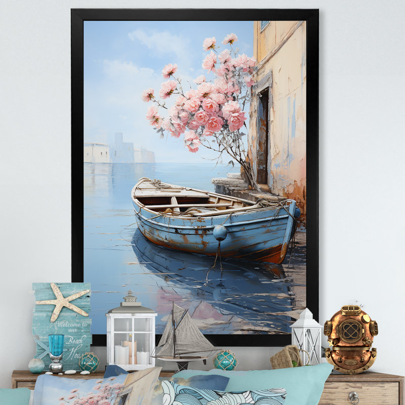Pastel Port Boat Blooms I - Coastal Boat Wall Art, Black Picture Frame, 20" H x 12" W x 1" D