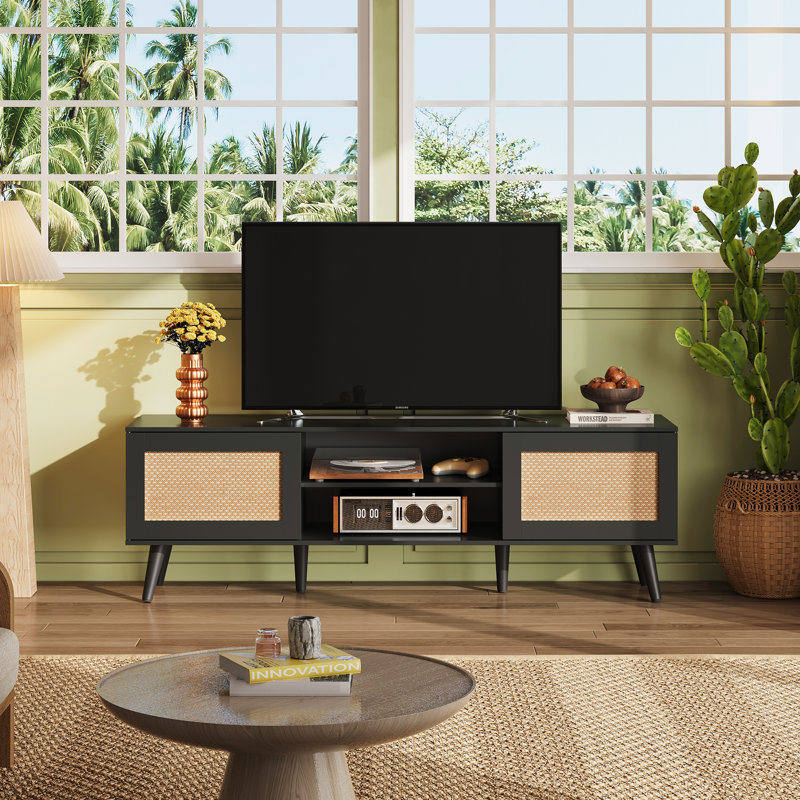 TV Stand For 65 Inch TV, 58" Boho Entertainment Center,  TV Console With 2 Storage Cabinets, Black