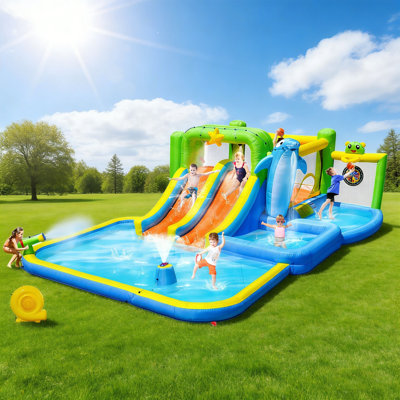 19.3'×13.7' Mega Inflatable Water Park Combo - Bounce House, Blower, Shower Soak Pool, Sprinkler Fountain, Water Gun & Target For Endless Fun Kids