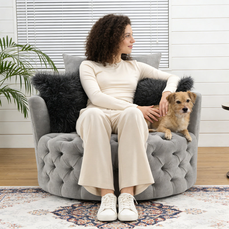 Oversized Round Button Tufted Swivel Chair With Faux Fur Pillows And 360-Degree Swivel, Light Gray