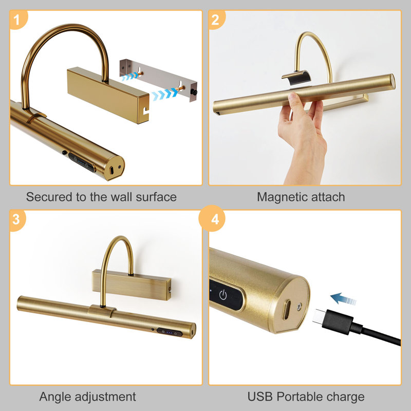 Wireless Picture Light, Rechargeable Battery Wall Lamp With Remote, Antique Brass