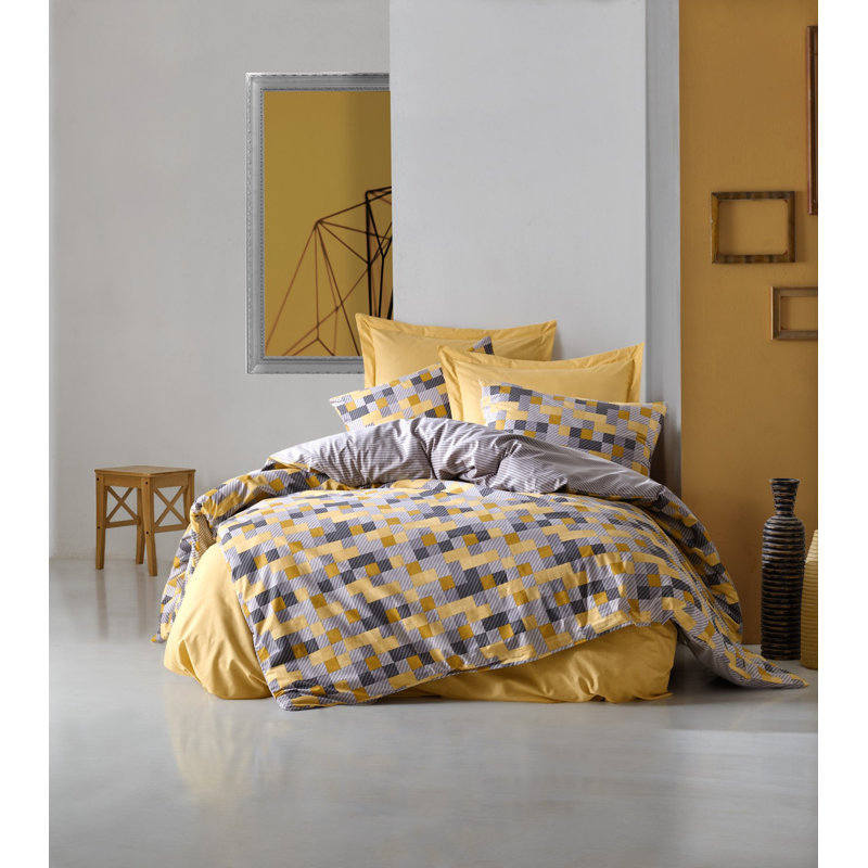 Ensemble de housse de couette 100% coton jaune / gris Karle, Housse de couette 94 po x 87 po + 2 taies d'oreill