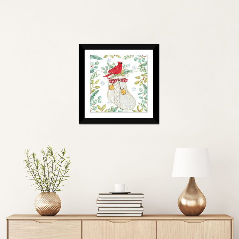 «Jingle Bell Cardinal», reproduction d'art murale, papier d'art encadré, H 16 po x l 16 po, Noir