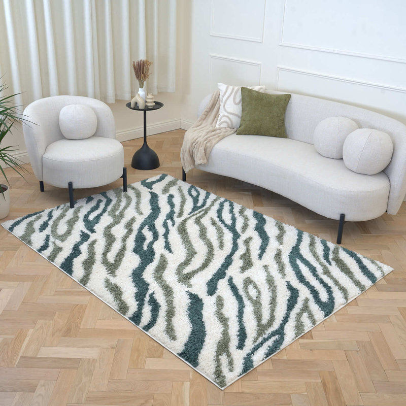 Moodi Modern Shaggy Area Rug Abstract Brushstroke Line Design, Rectangle 200 x 290 cm, Off-White/Green