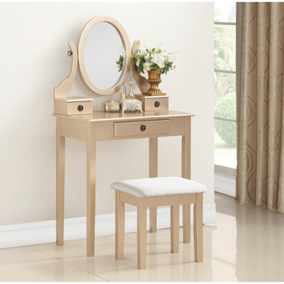 Charmante coiffeuse et tabouret de maquillage doré, 3 tiroirs, miroir réglable intriguant avec rangement pour tiroir,