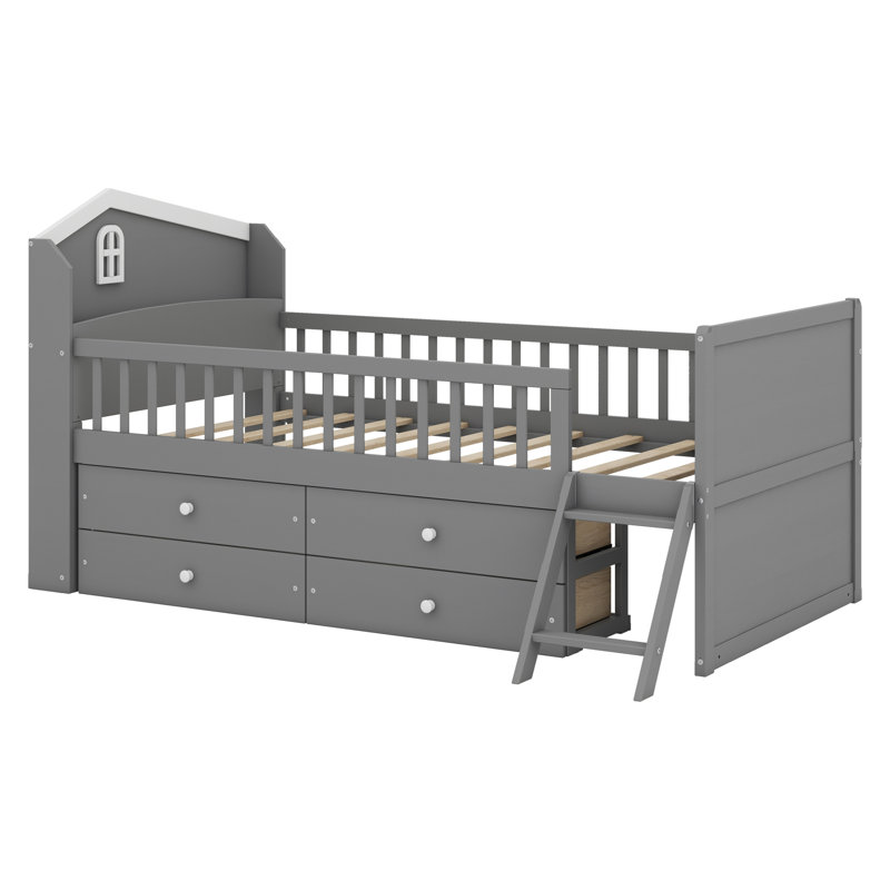 Cadre de lit avec rangement à 4 tiroirs, cadre de lit en bois pour enfants, lit plateforme avec tête de lit garde-corps et échelle
