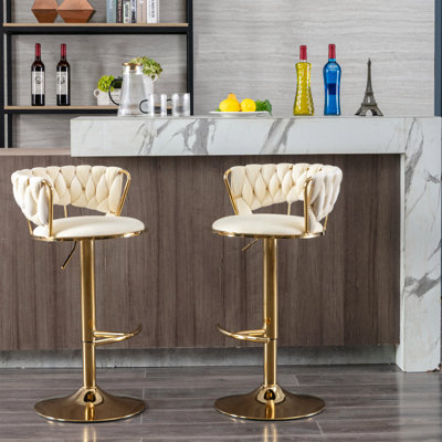 Ensemble de 2 tabourets de bar, avec repose-pieds chromé et base pivotante à hauteur réglable en velours + tabouret de bar simple Golden Leg