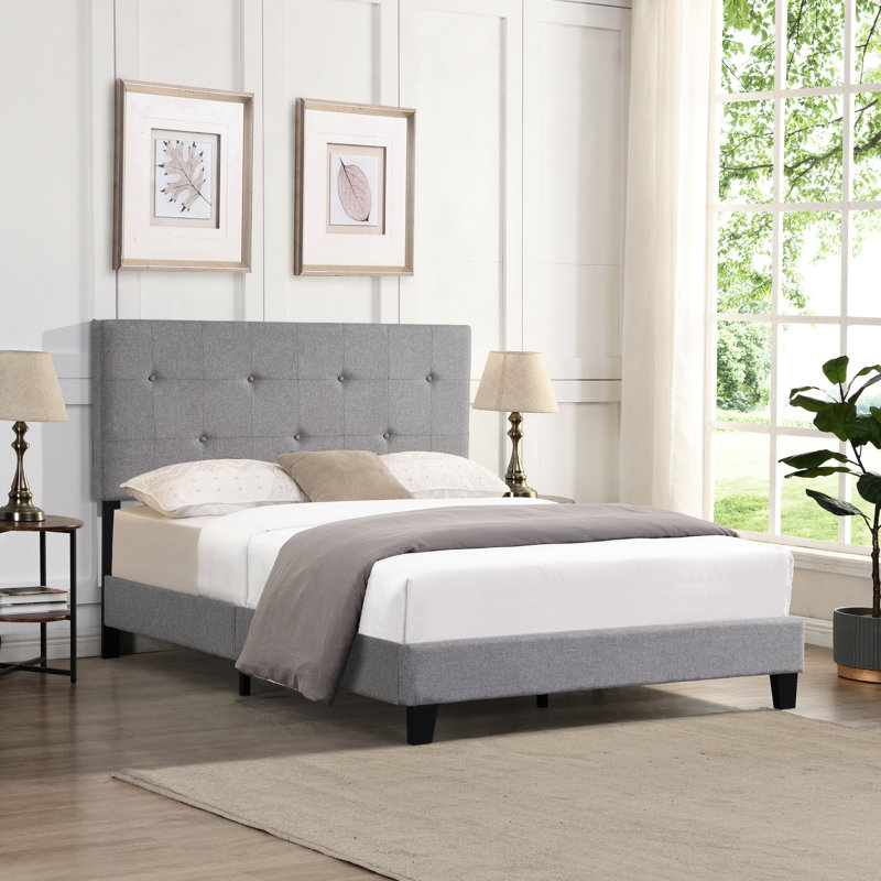 Velvet Button Queen Bed - Solid Wood Slat Foundation Charcoal Gray Platform With Detail And Dependable Base, Queen