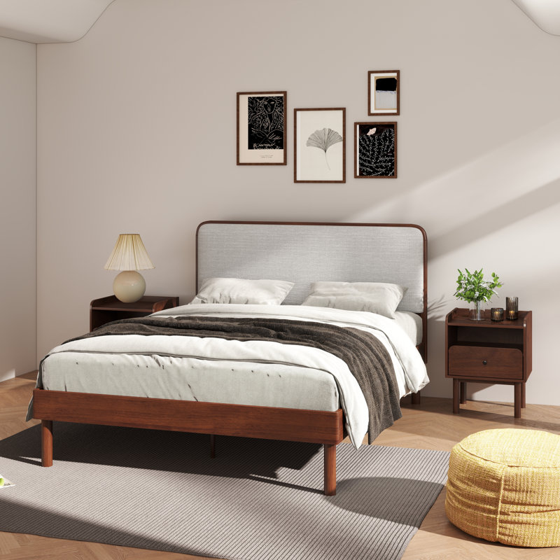 Wyller 3-Piece Bedroom Set, Platform Bed With Two Nightstands, Natural Walnut, Queen