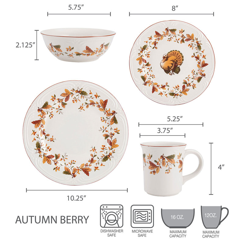 Autumn Berry Ceramic Thanksgiving Dinnerware Set, Service for 4