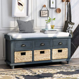 Storage Bench With 3 Drawers And 3 Rattan Baskets Removable Cushion For Entryway Hallway Front Door,