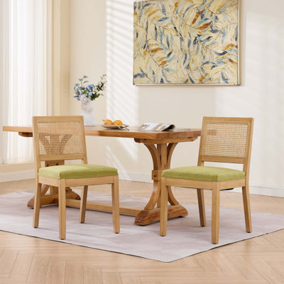 Mid Century Modern Rattan Dining Chairs Set of 2 with Solid Wood Frame